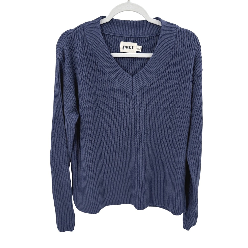 Pact Women Blue 100% Organic Cotton Ribbed V-Neck Sweater Size Large